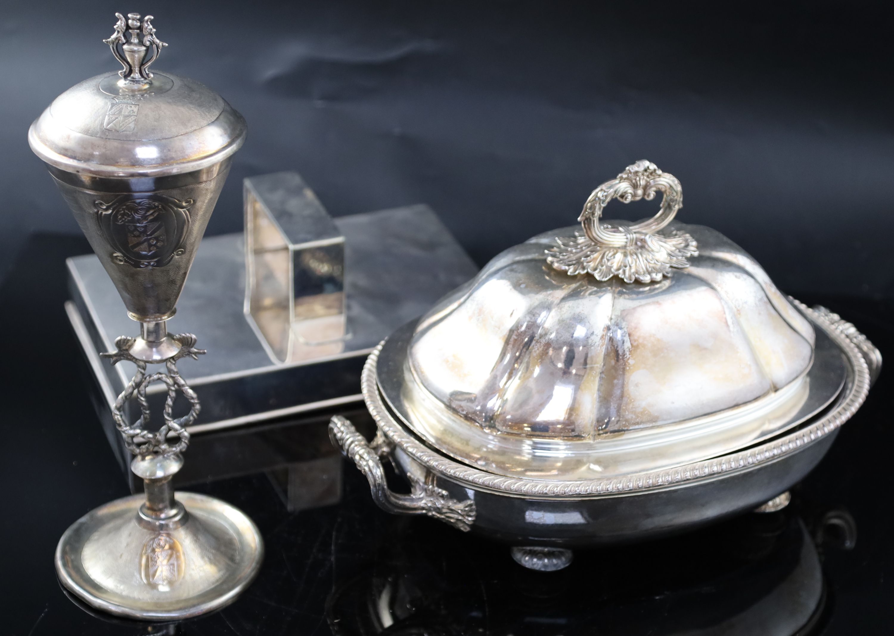A Continental white metal cup and cover, 35.5cm, 14.5 oz, a silver plated tureen and a rectangular dish